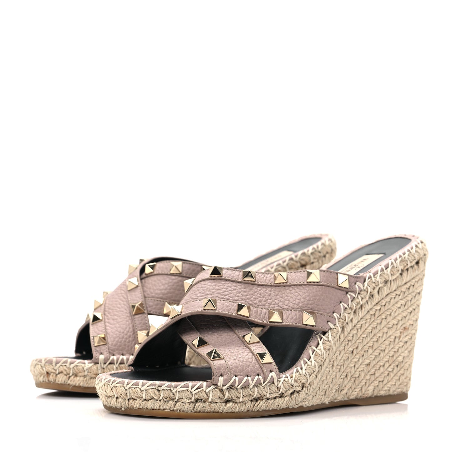 Pebbled Calfskin Rockstud Criss Cross Espadrille 15/105mm Wedge Sandals 37 Poudre