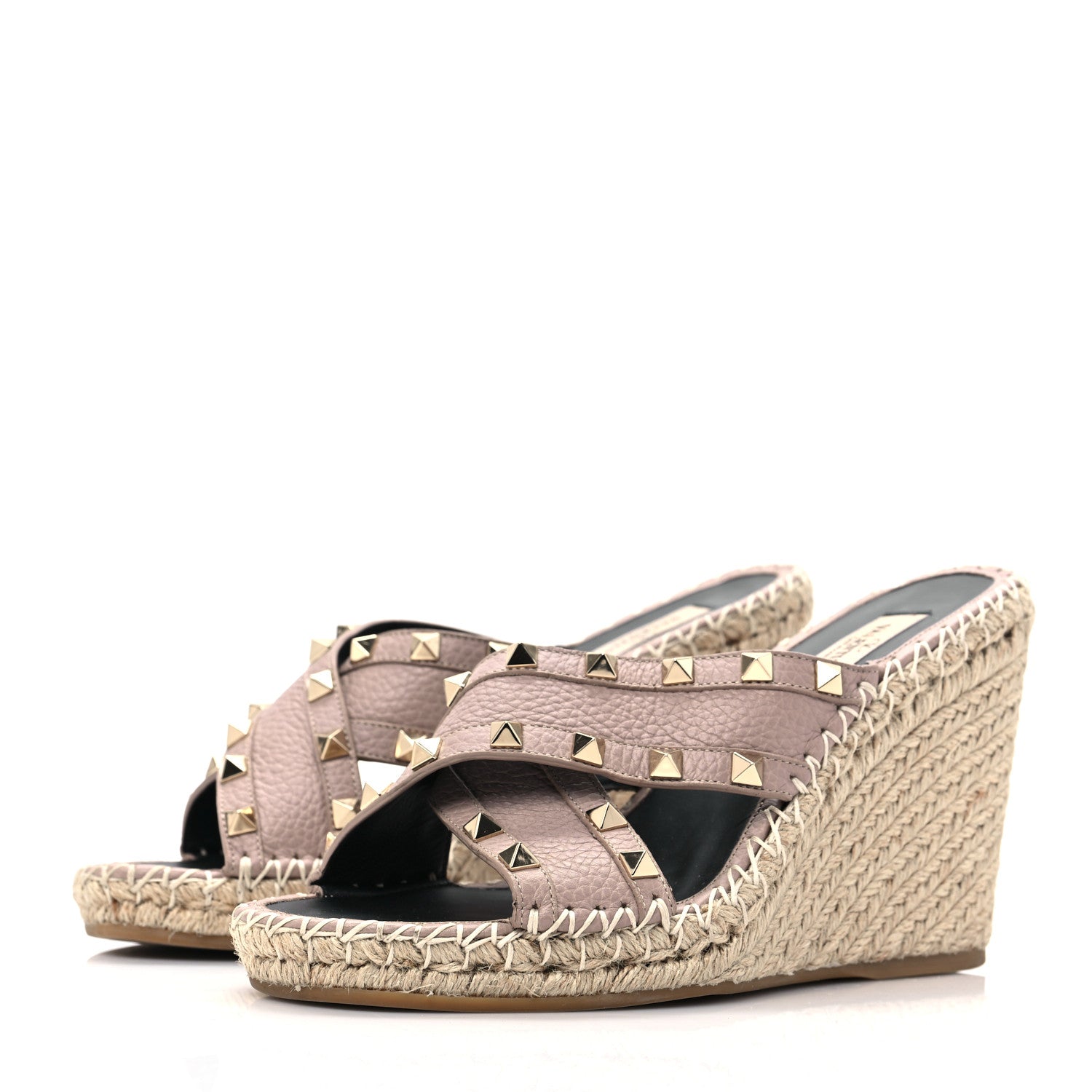 Valentino Garavani Pebbled Calfskin Rockstud Criss Cross Espadrille 15/105mm Wedge Sandals 37 Poudre 3 of 9