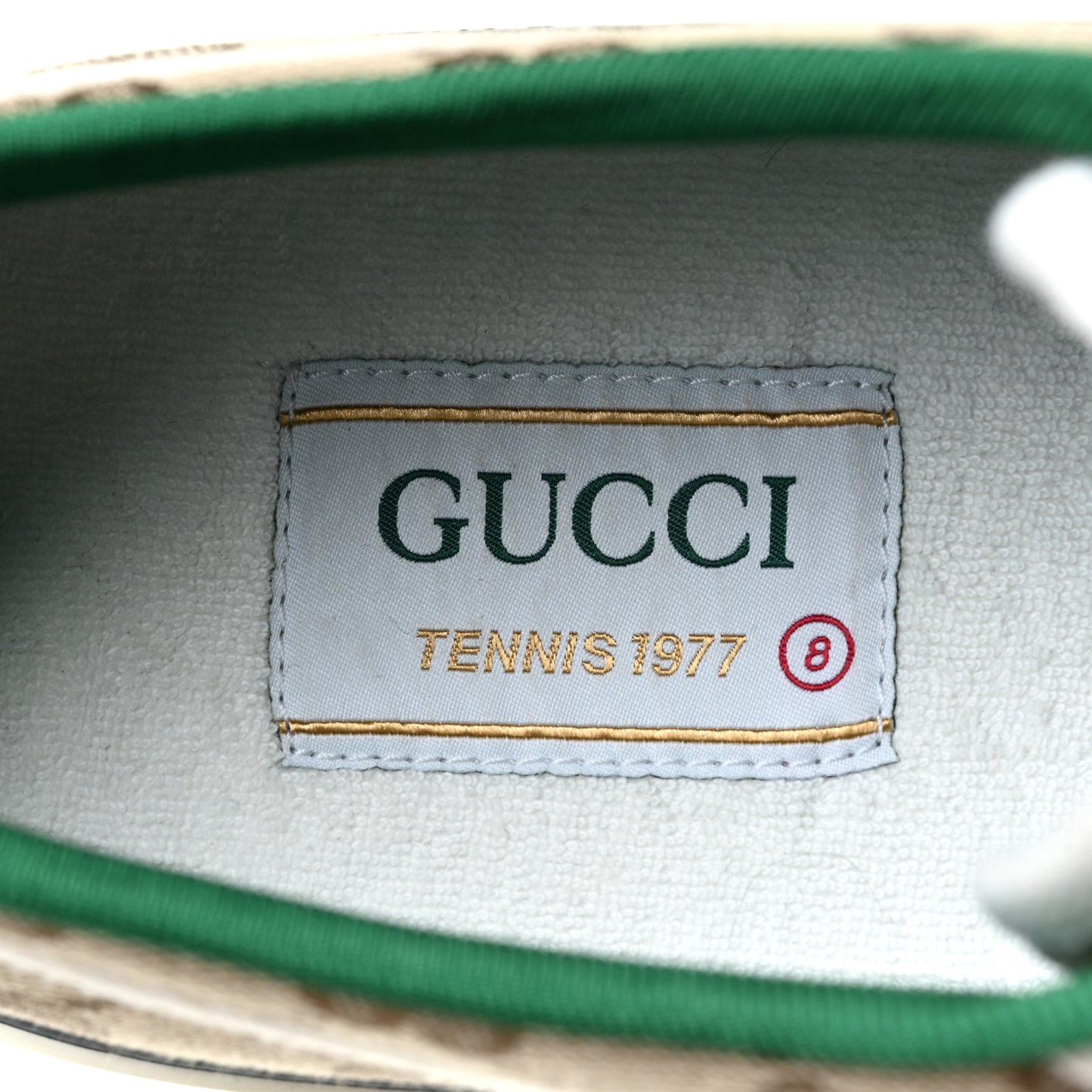 GG Monogram Web Mens 1977 Tennis Sneakers 8 Beige Ebony Mystic White