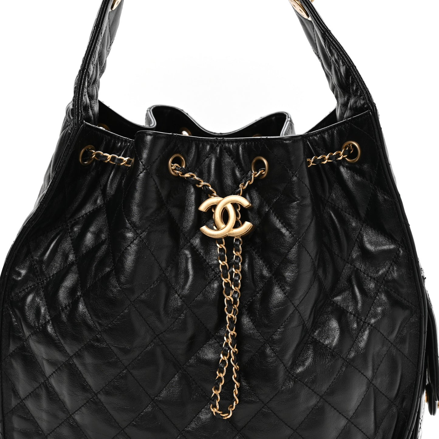 Shiny Crumpled Calfskin Quilted Medium Chanel 25 Handbag Black