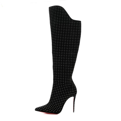 Christian Louboutin Suede Studded Alta Botta 100 Knee High Boots 38.5 Black Silver 1 of 6