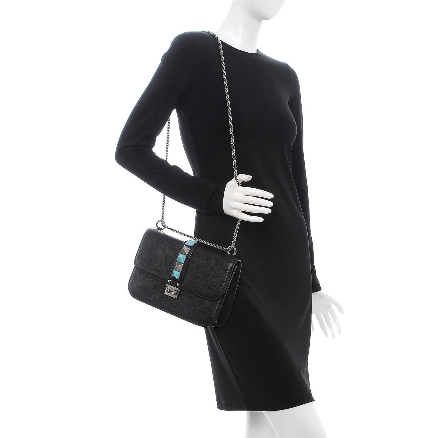 Pebbled Calfskin Medium Rockstud Rolling Glam Lock Rockstud Flap Black