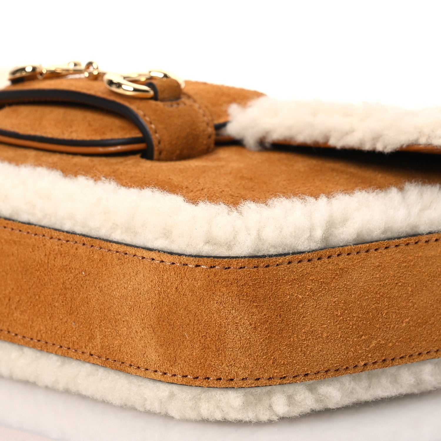 Gucci Suede Shearling Horsebit Mini 1955 Shoulder Bag Honey Beige Milk 14 of 15