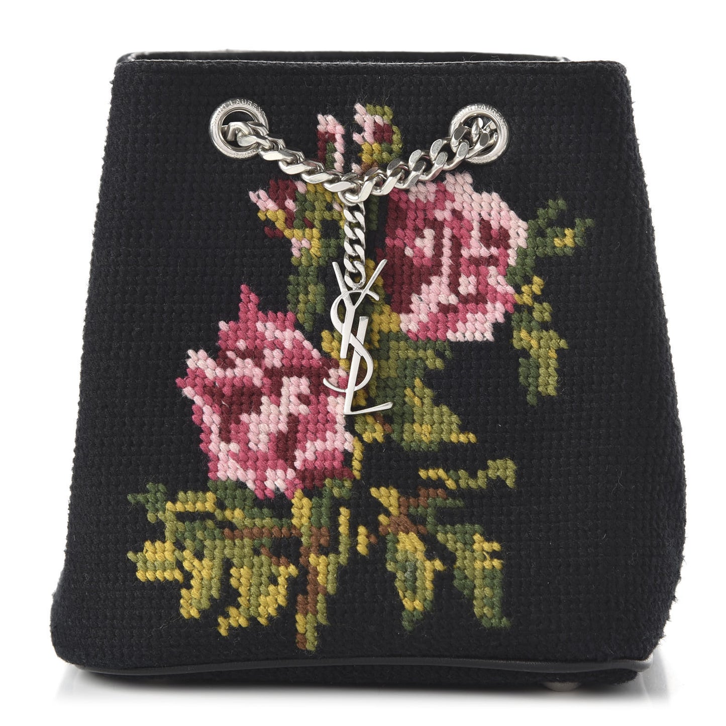 Woven Wool Embroidered Baby Emmanuelle Bucket Bag Black