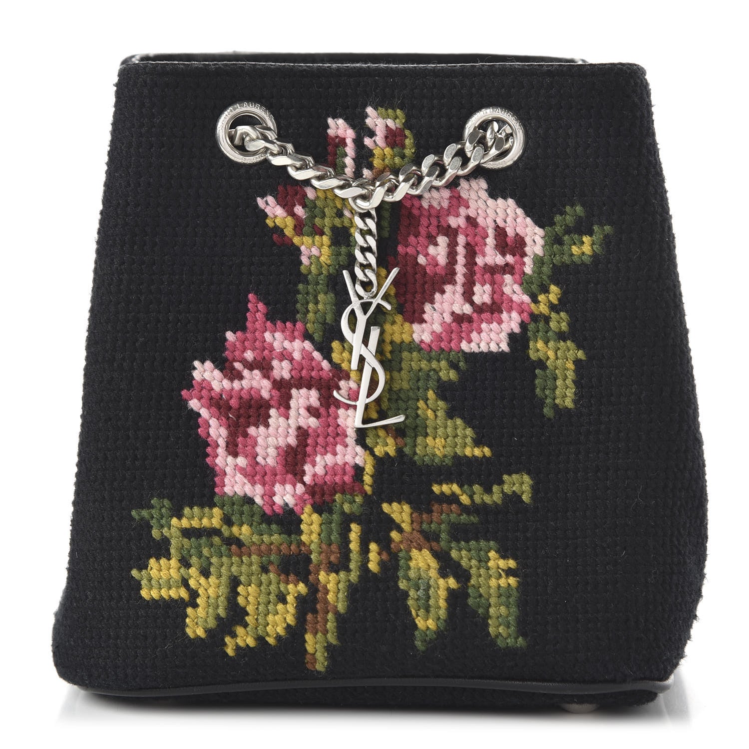 Saint Laurent Woven Wool Embroidered Baby Emmanuelle Bucket Bag Black 1 of 13