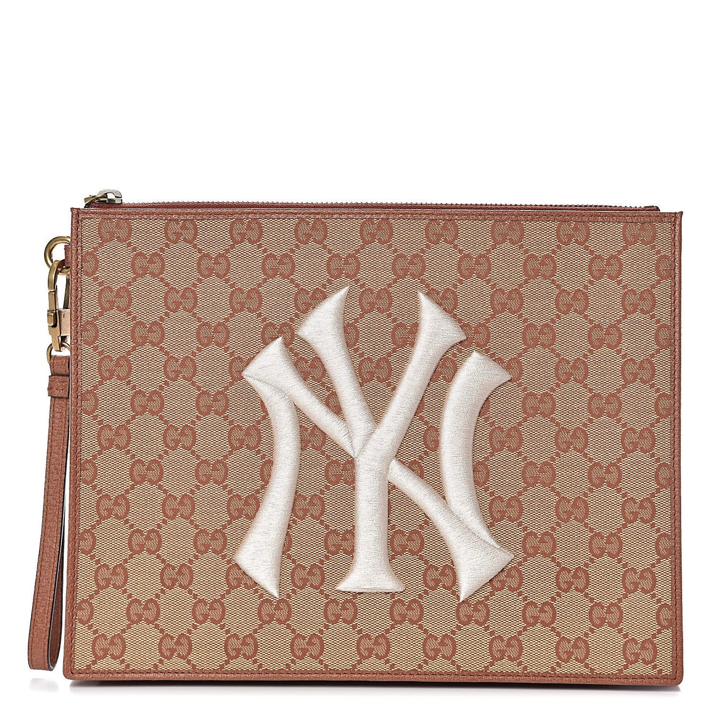 X MLB GG Monogram NY Yankees Zip Wristlet Pouch Beige Ruggine Ivory