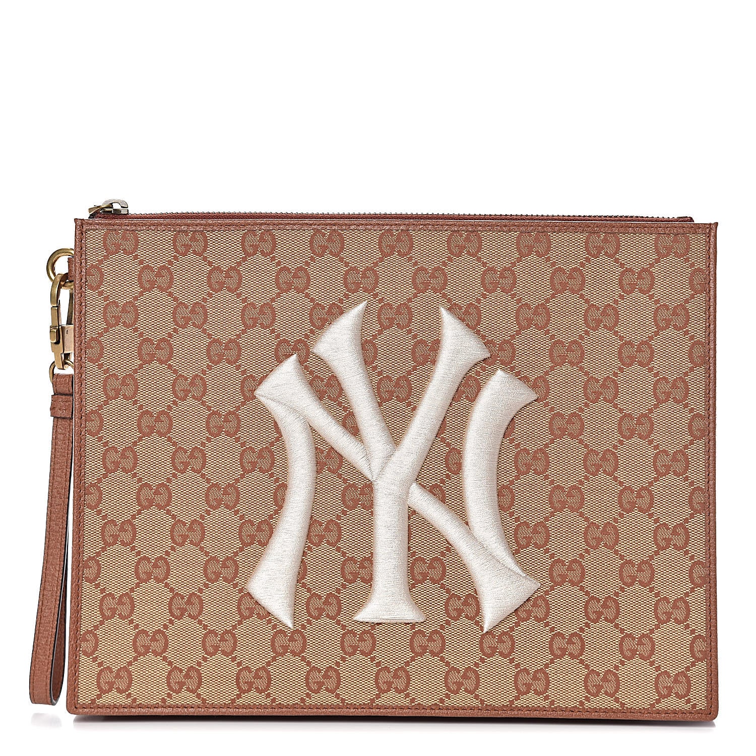 Gucci X MLB GG Monogram NY Yankees Zip Wristlet Pouch Beige Ruggine Ivory 1 of 8
