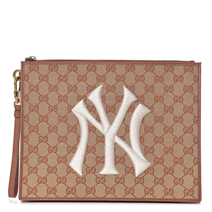 Gucci X MLB GG Monogram NY Yankees Zip Wristlet Pouch Beige Ruggine Ivory 1 of 8