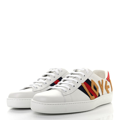 Gucci Calfskin Nappa Web LOVED Embroidered Mens Ace Sneakers 9 White Red Flame Notte 3 of 8