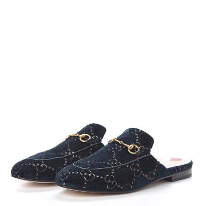 Gucci Velvet GG Monogram Womens Princetown Slippers 41 Blue Beige 3 of 7