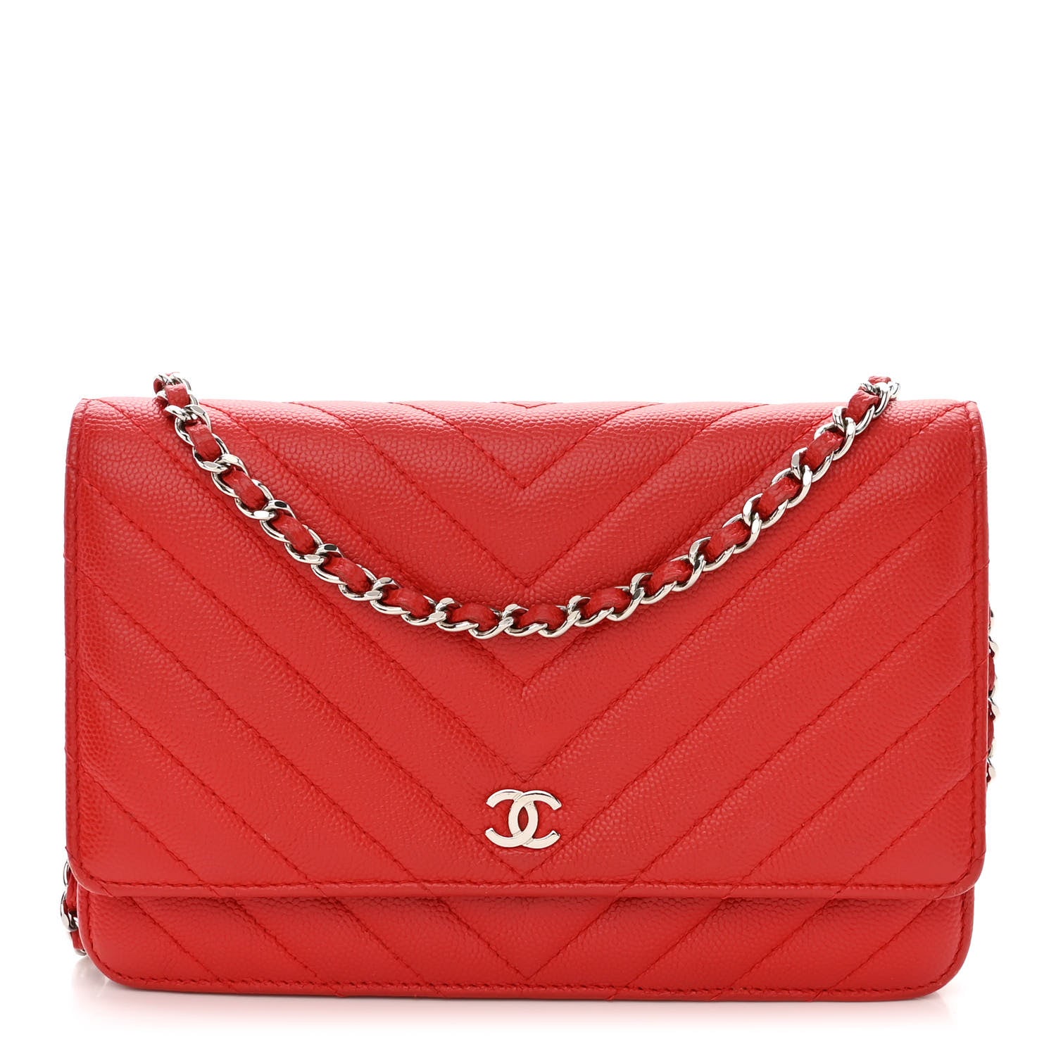 Chanel Caviar Flat Chevron Quilted Wallet On Chain WOC Red 1 of 14