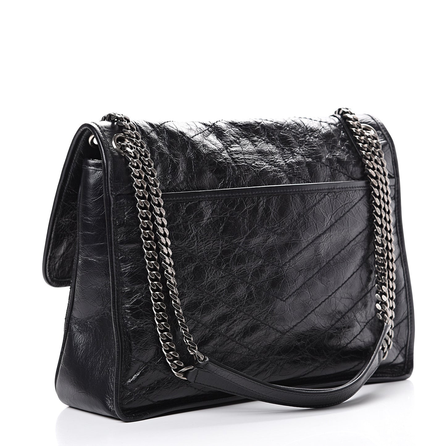 Crinkled Calfskin Matelasse Monogram Large Niki Chain Satchel Black