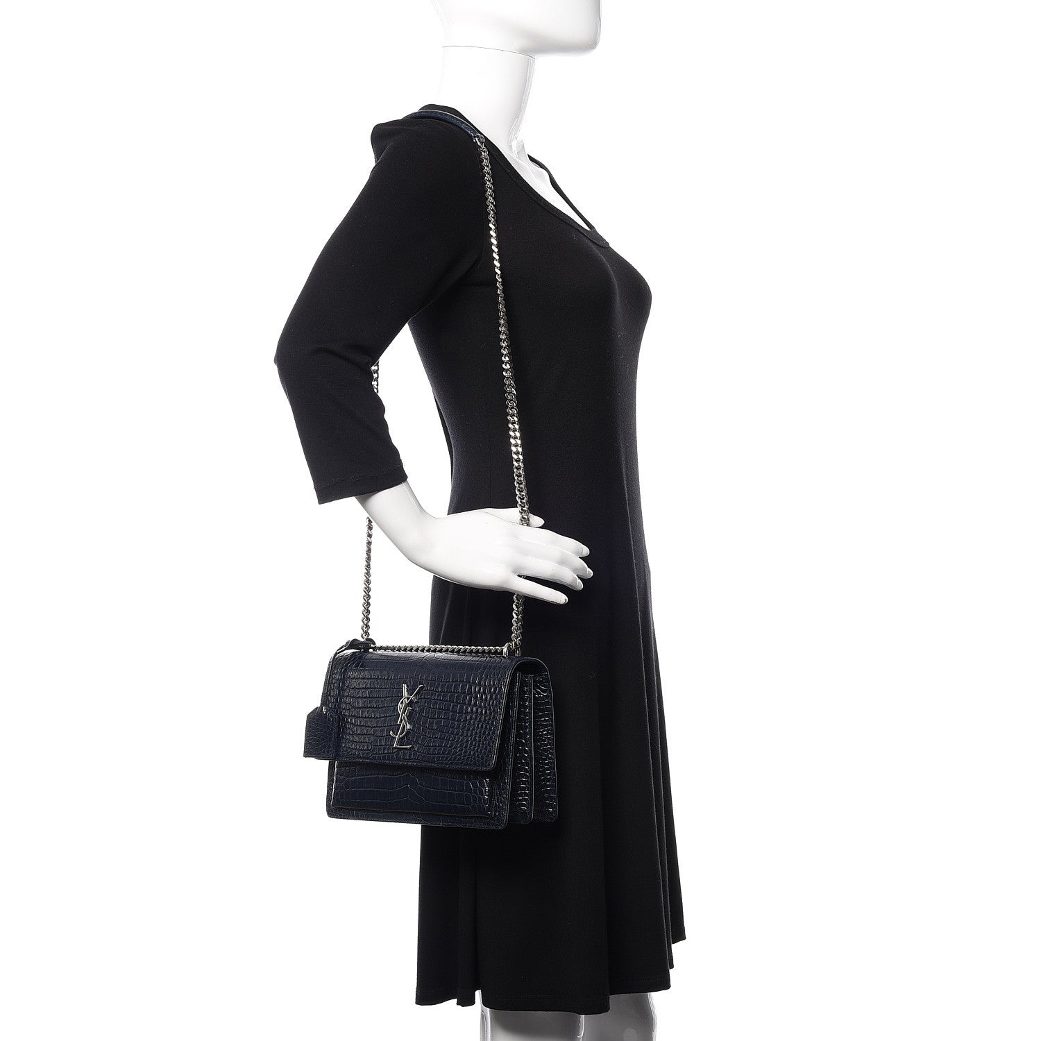 Saint Laurent Calfskin Crocodile Embossed Medium Monogram Sunset Navy 2 of 12