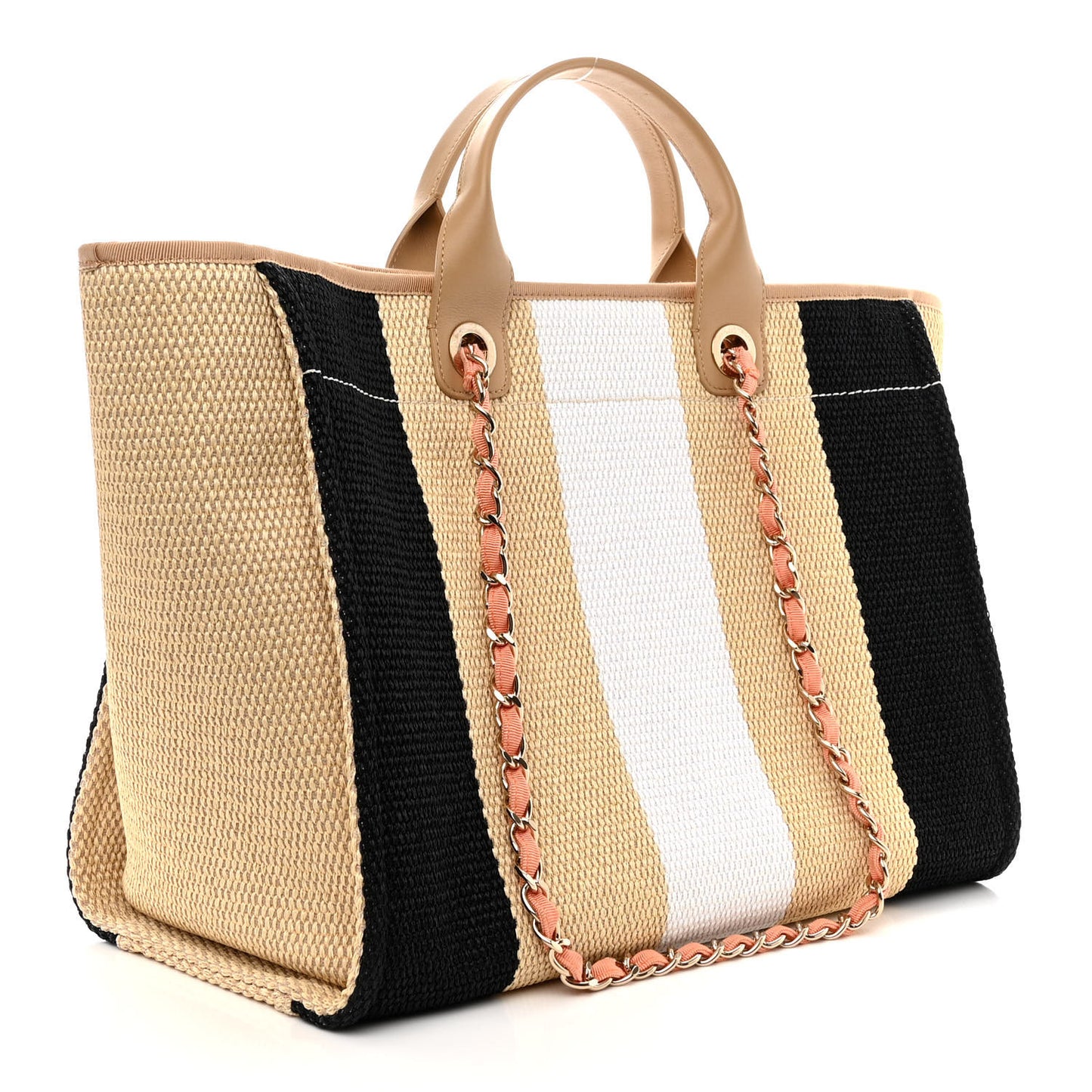 Straw Raffia Calfskin Striped Medium Deauville Tote Black Beige Ivory