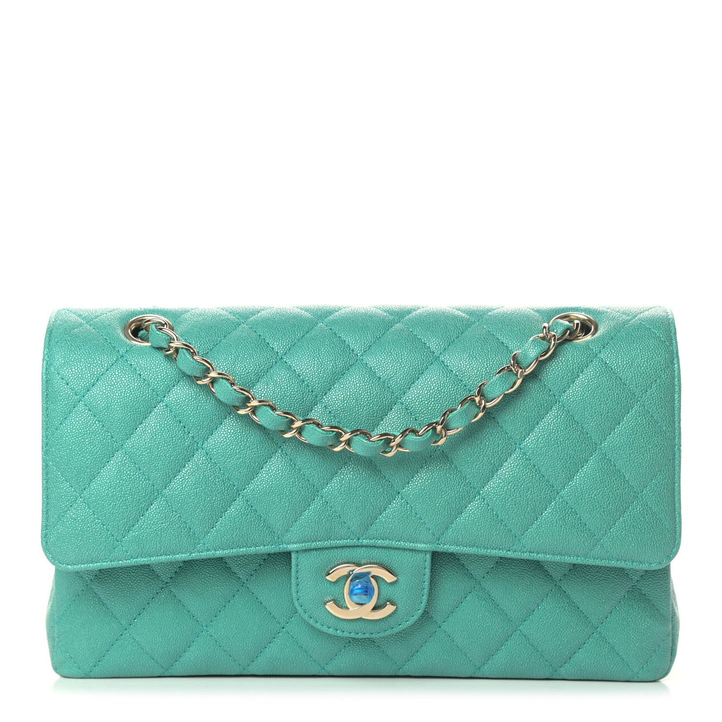 Iridescent Caviar Quilted Medium Double Flap Green