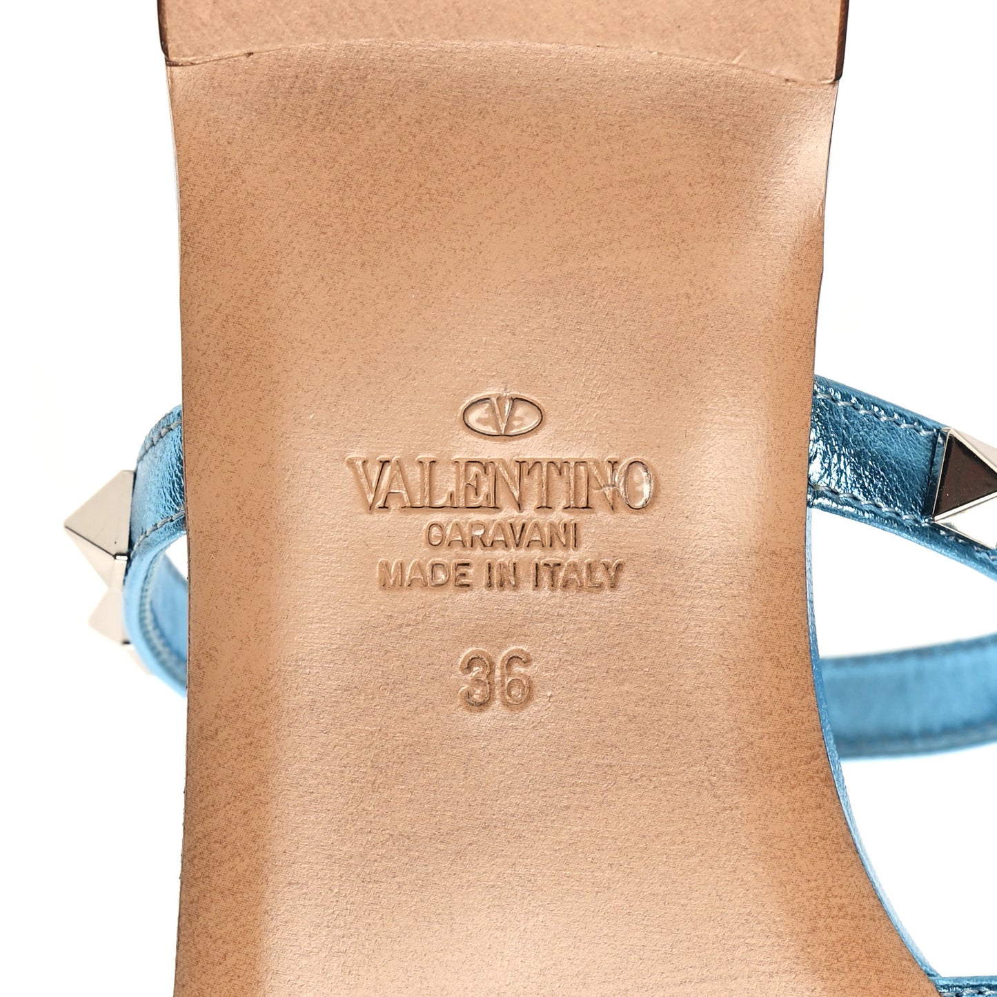 Metallic Nappa Rockstud Caged Flat Slide Sandals 36 Cerulean