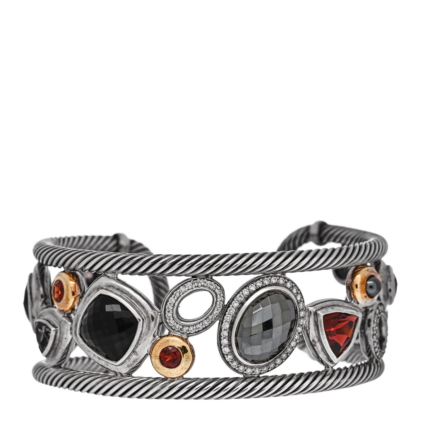 Sterling Silver 18K Yellow Gold Diamond Garnet Hematite Onyx Smoky Quartz Mosaic Cuff Bracelet