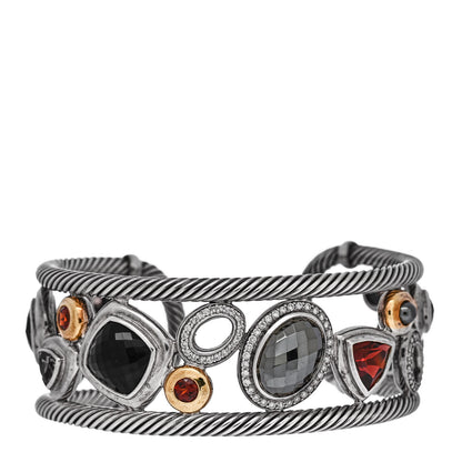 David Yurman Sterling Silver 18K Yellow Gold Diamond Garnet Hematite Onyx Smoky Quartz Mosaic Cuff Bracelet 1 of 3