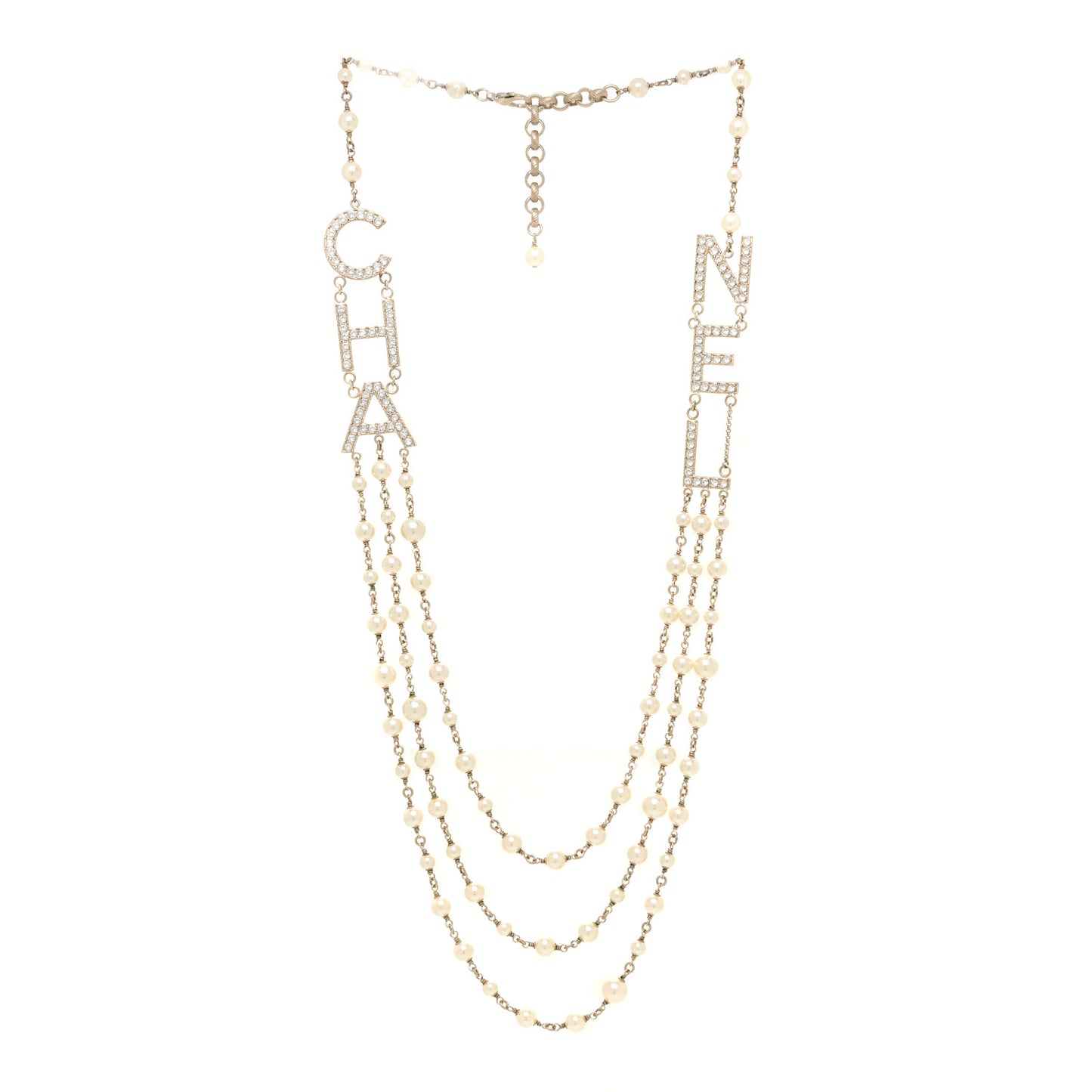 Pearl Crystal Cha-Nel Logo Necklace Gold