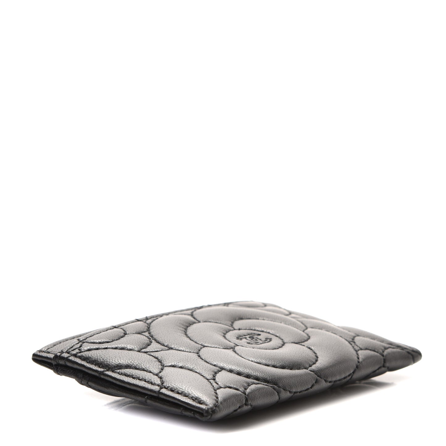 Lambskin Camellia Embossed Card Holder Black