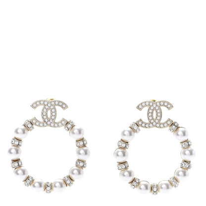 Chanel Pearl Crystal Nefertiti CC Drop Earrings Gold 1 of 5