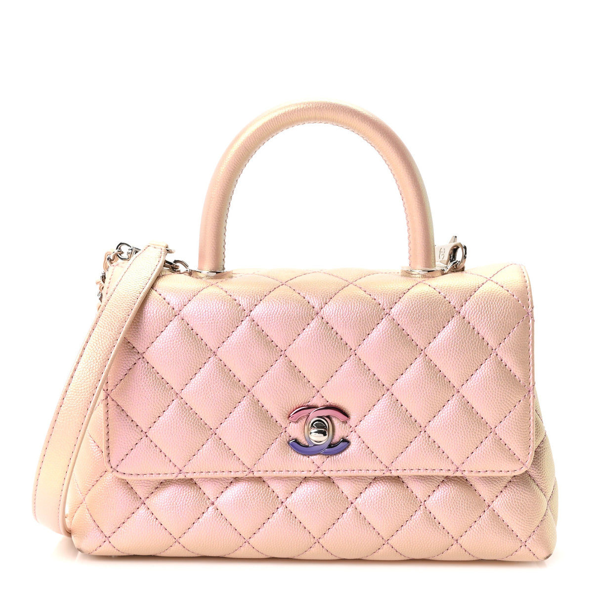 Iridescent Caviar Quilted Mini Coco Handle Flap  Pink