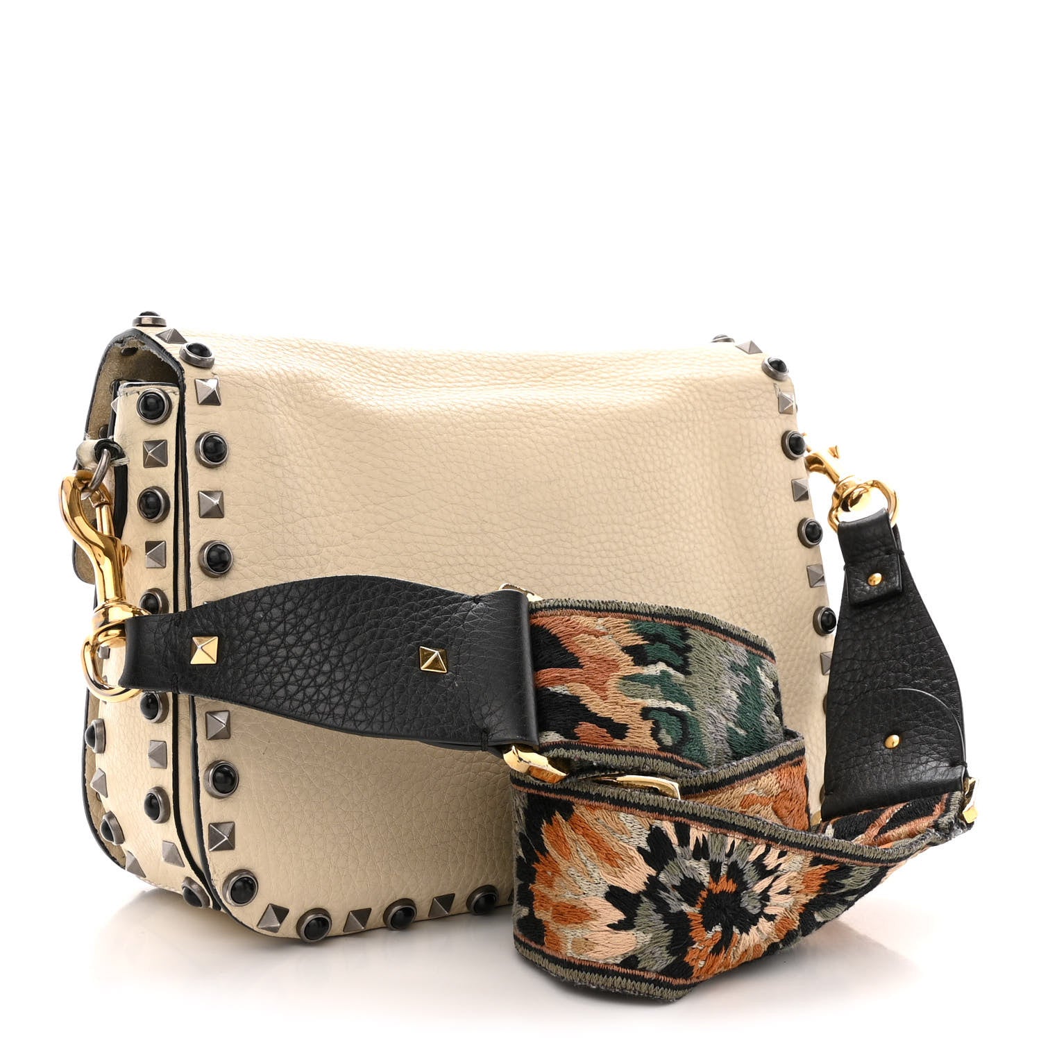 Valentino Garavani Pebbled Calfskin Onyx Medium Guitar Strap Rockstud Rolling Flap Saddle Bag Ivory 3 of 20