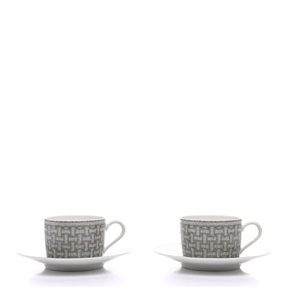 Hermes Porcelain Mosaique Au 24 Platine Tea Cup And Saucer Set Of 2 Platinum 3 of 9