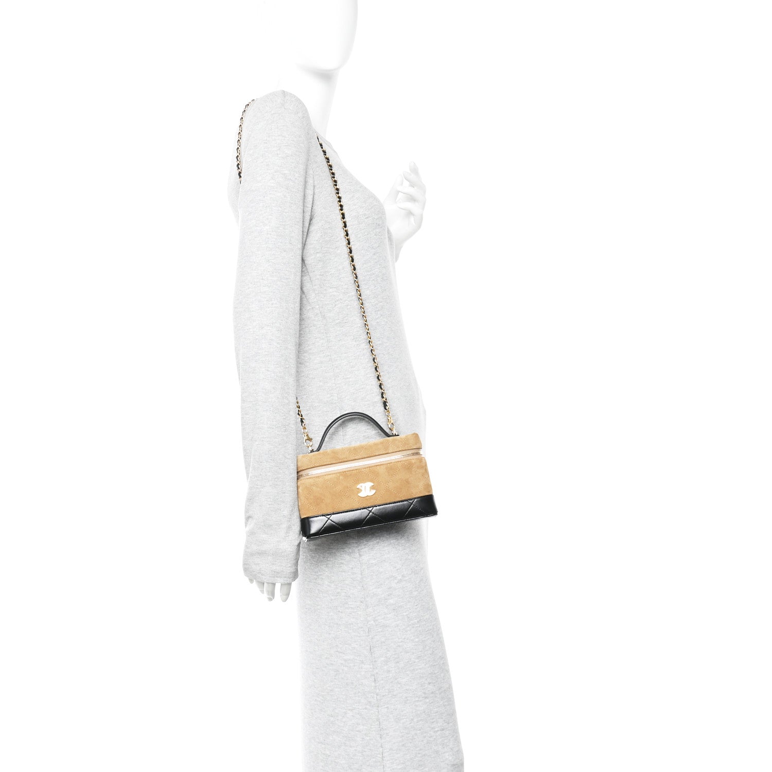 Chanel Suede Calfskin Shiny Lambskin Quilted Top Handle Slim Vanity Case With Chain Beige Black 2 of 11