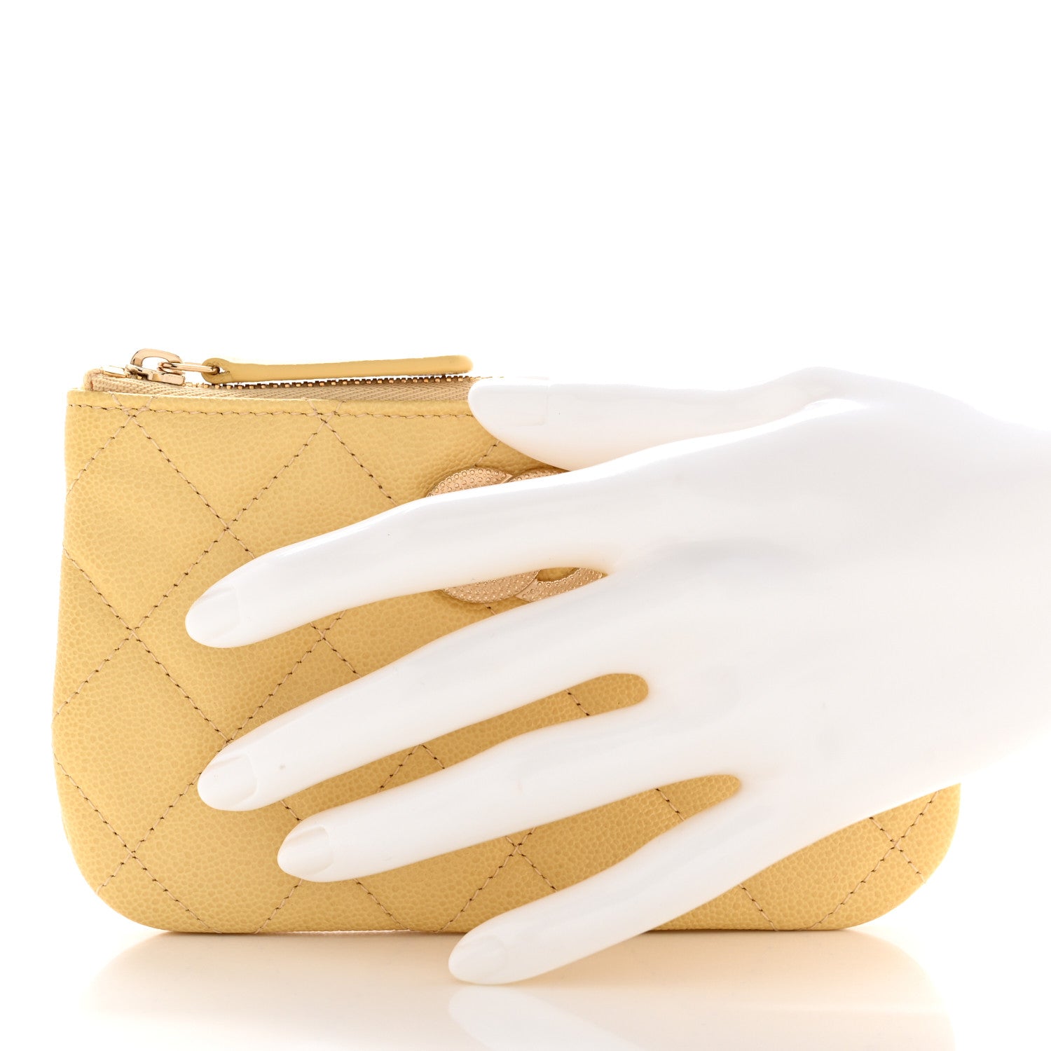 Chanel Caviar Quilted Studded CC Small Cosmetic Case Yellow 2 of 7