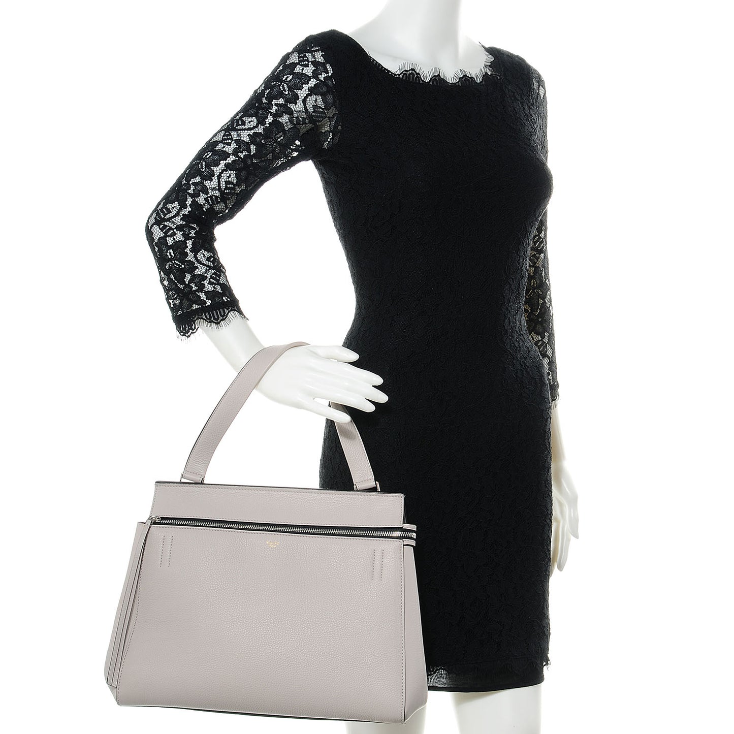 Pebbled Leather Medium Edge Shoulder Bag Pearl Grey