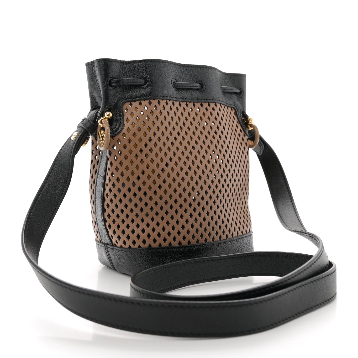 Fendi Vitello Liberty Glossy Lambskin F is Fendi Perforated Mini Mon Tresor Bucket Bag Sand Mimosa Black 3 of 10