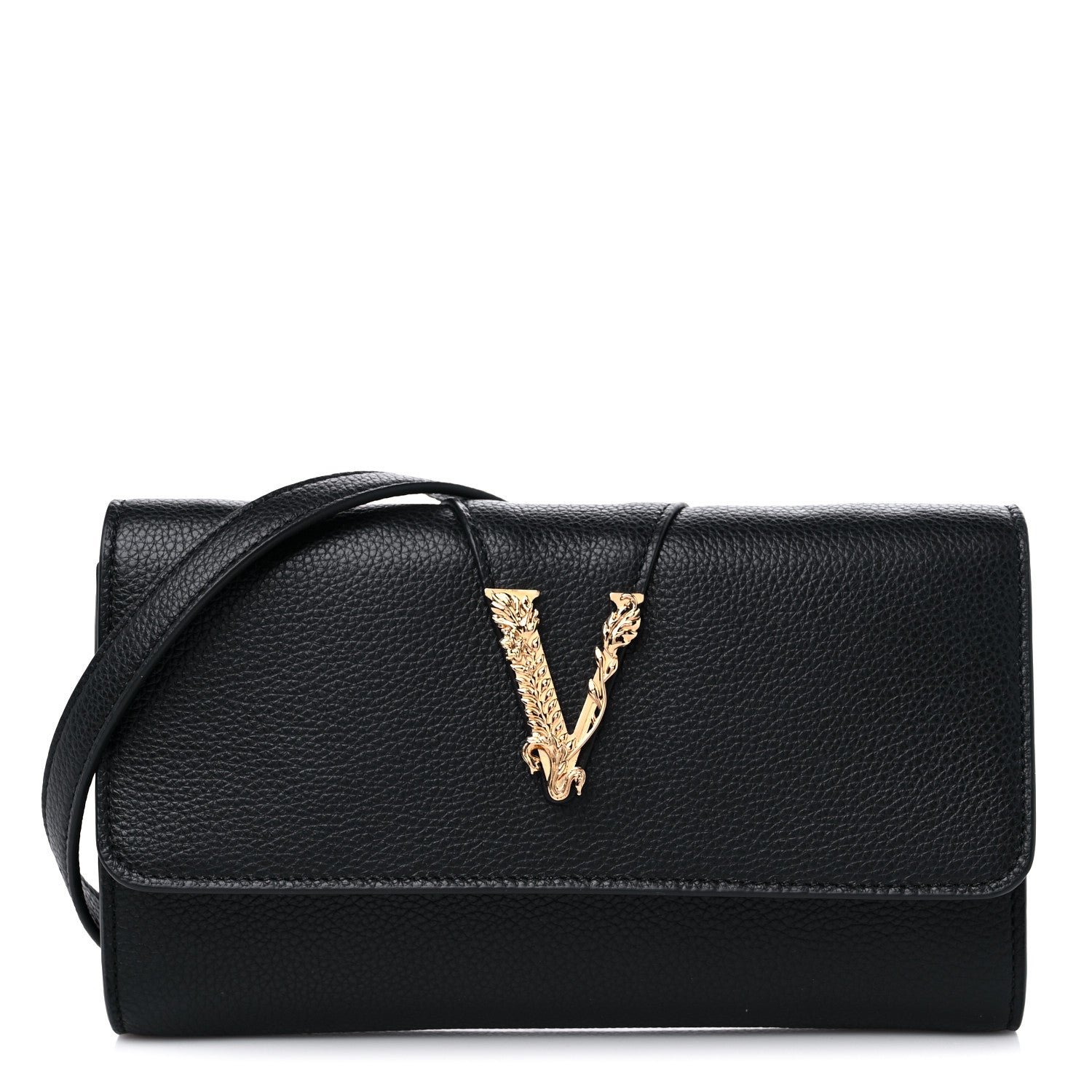 Versace Grained Calfskin Virtus Wallet On Chain Black 1 of 8