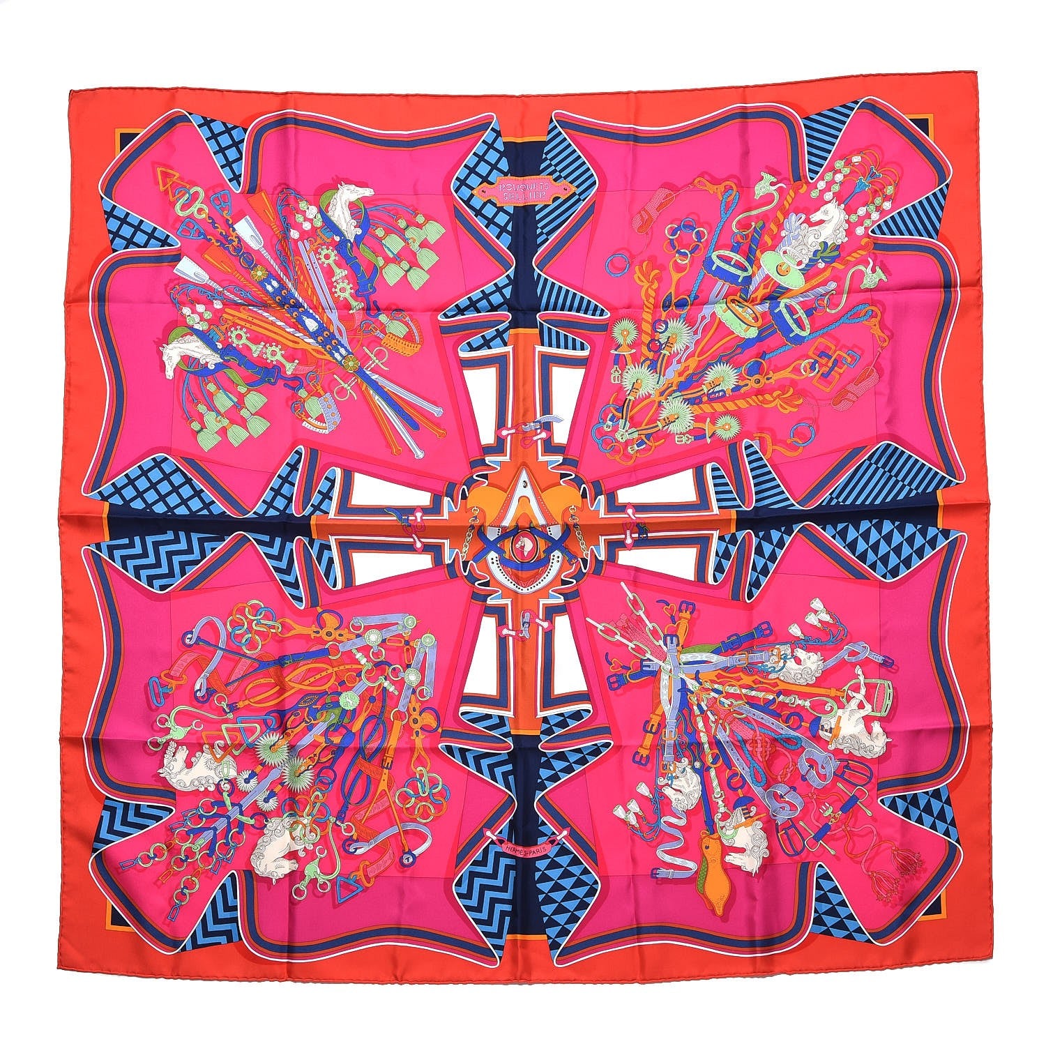 Hermes Silk Bouquets Sellier Scarf 90 Rouge Fuchsia Bleu 1 of 4