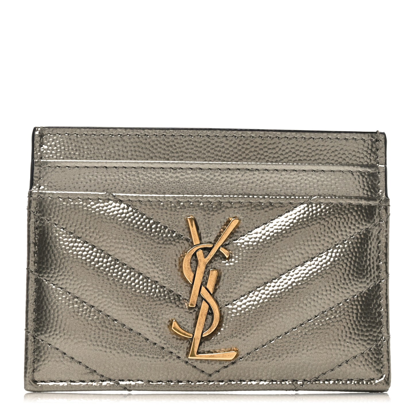 Metallic Grain De Poudre Matelasse Chevron Monogram Credit Card Case Platino