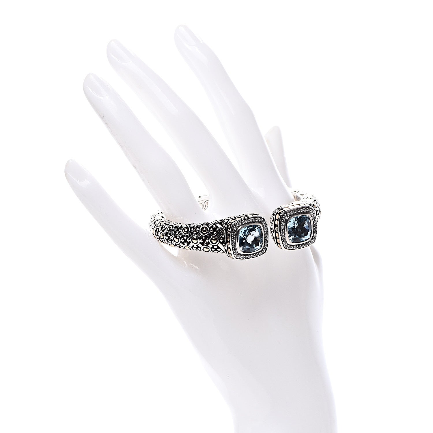 John Hardy Sterling Silver 18K Yellow Gold Blue Topaz Diamond Jaisalmer Cuff Bracelet 2 of 8
