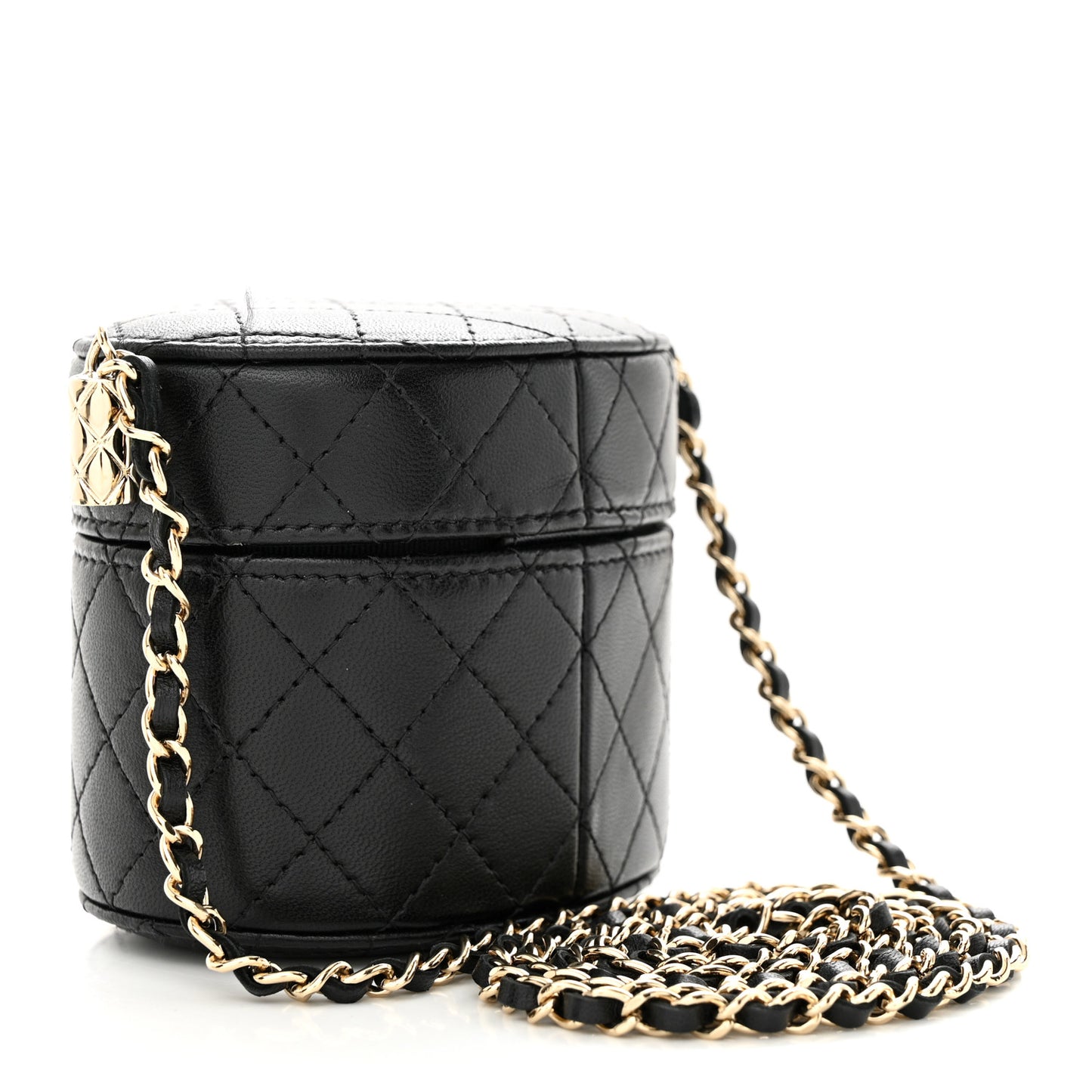 Lambskin Quilted Mini Round Vanity Case With Chain Black