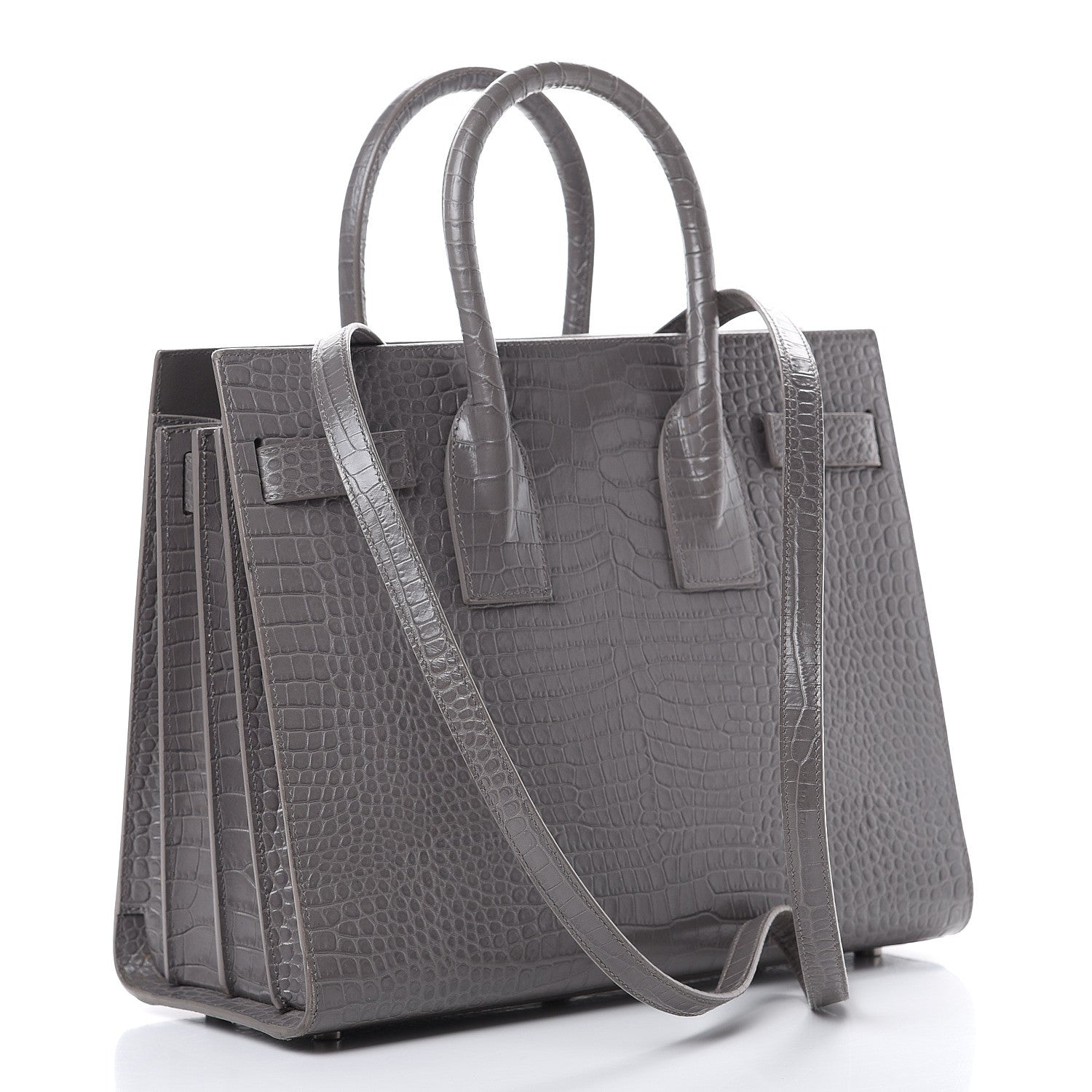 Saint Laurent Calfskin Crocodile Embossed Small Sac De Jour Fog 2 of 21