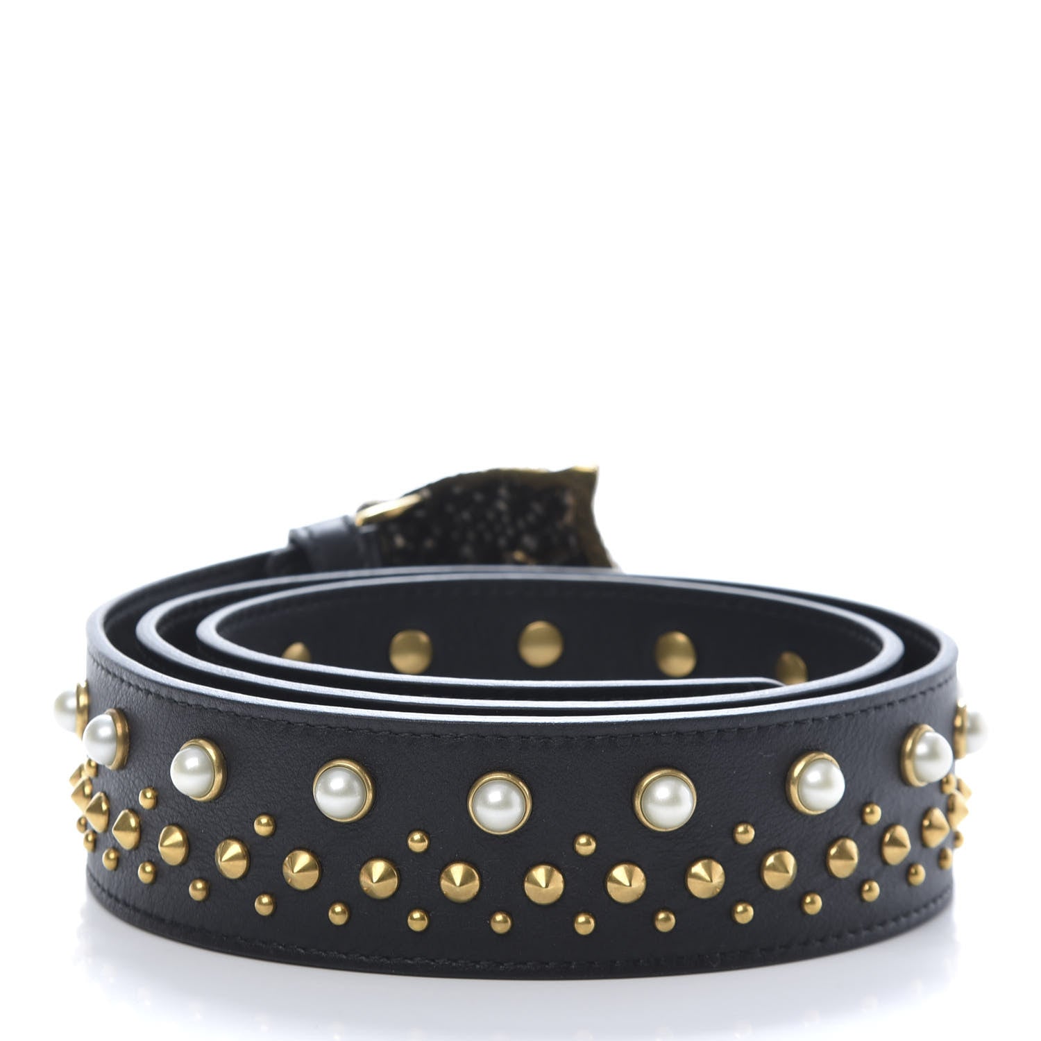 Gucci Calfskin Pearl Studded Swarovski Crystal Feline Belt 85 34 Black 2 of 6