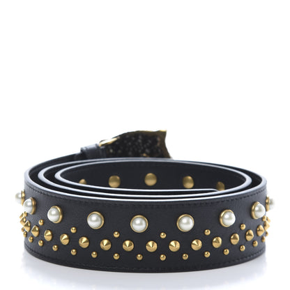 Gucci Calfskin Pearl Studded Swarovski Crystal Feline Belt 85 34 Black 2 of 6