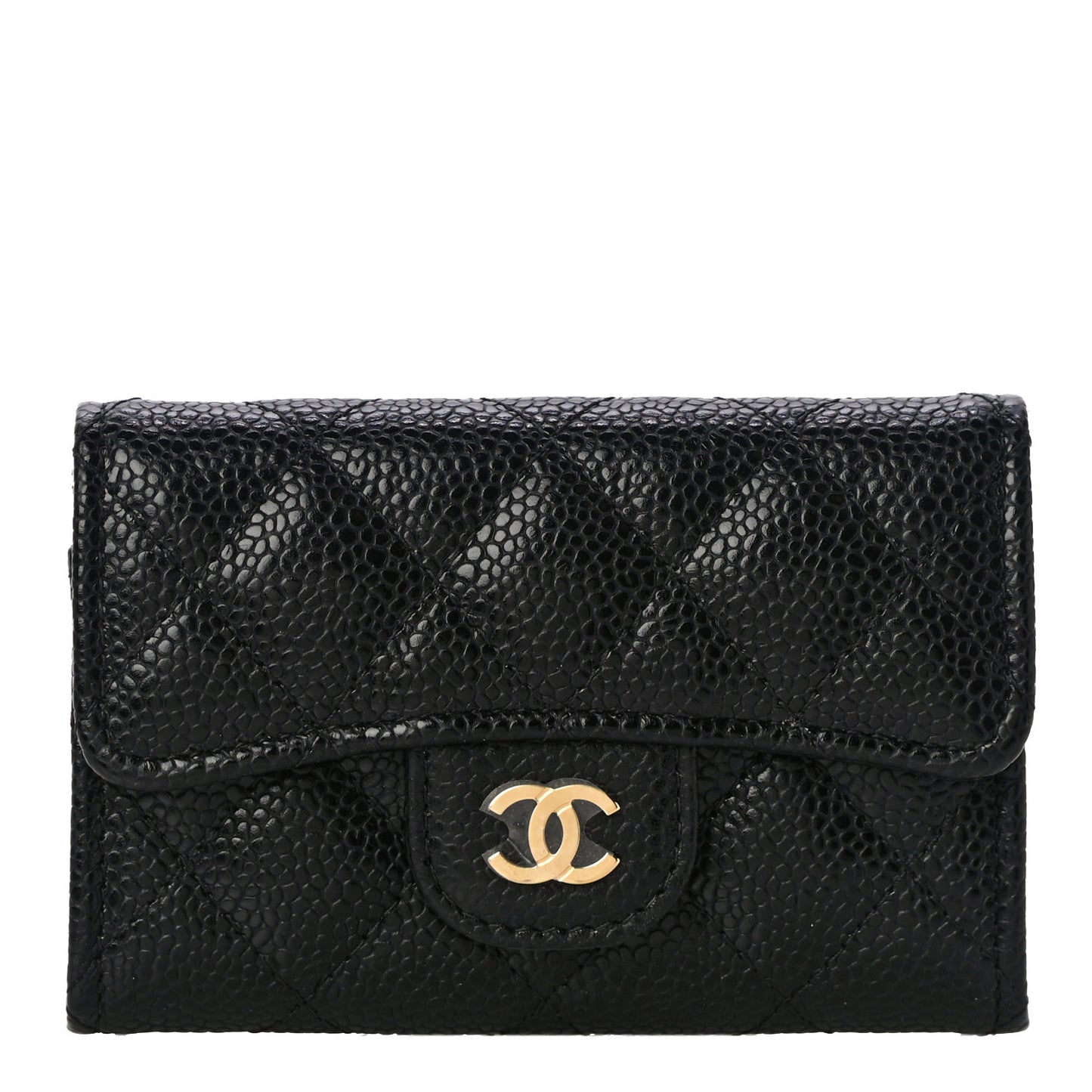 Caviar Quilted Flap Card Holder Wallet Black