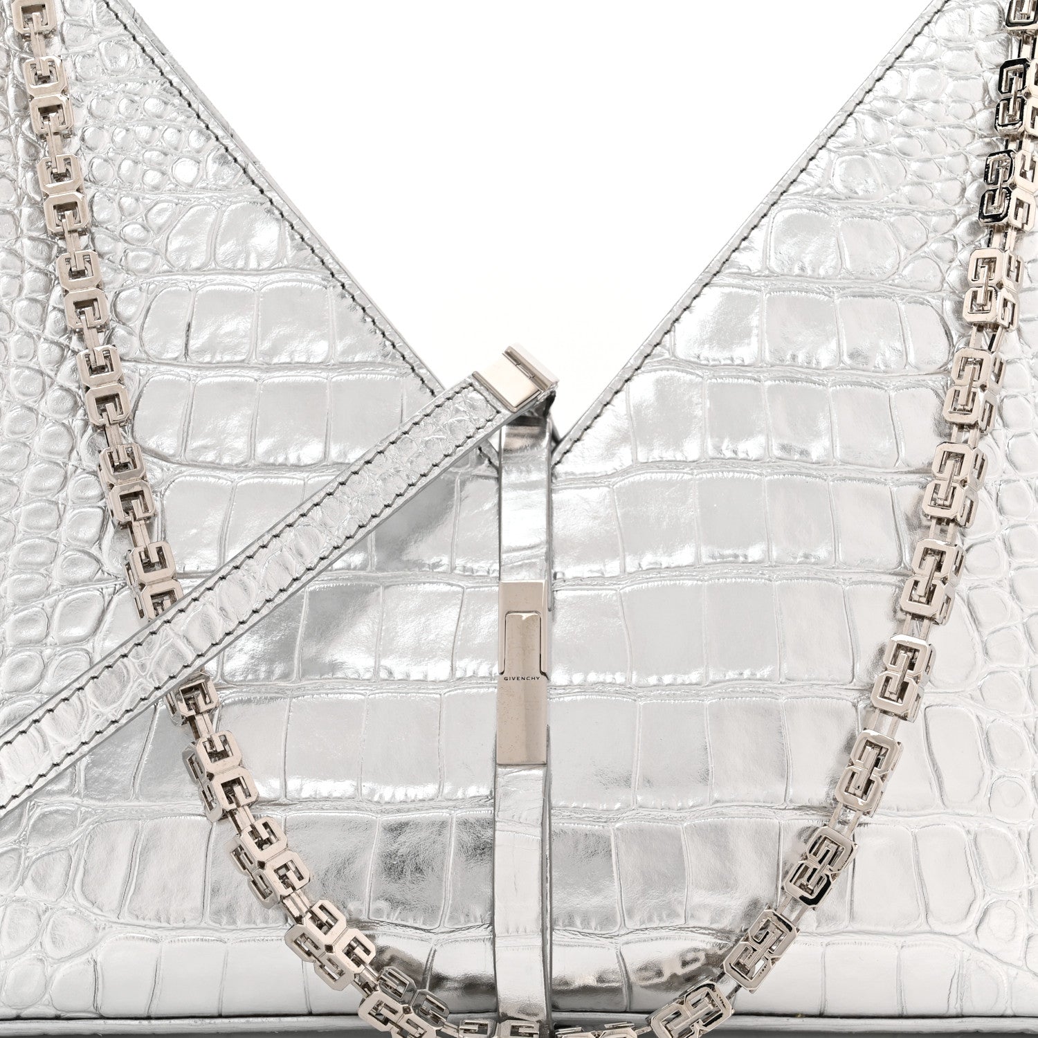 Givenchy Metallic Calfskin Croc Embossed Small Cut Out Shoulder Bag Silver 8 of 10