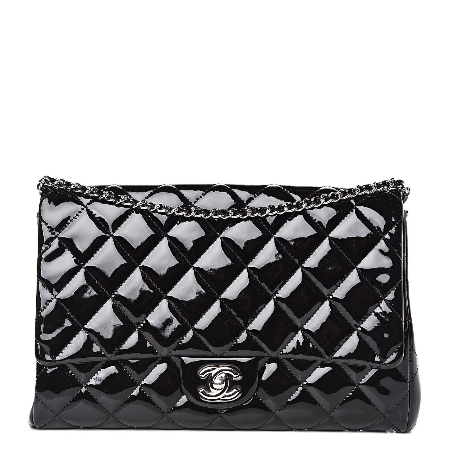 Patent Quilted Clutch with Chain Flap Black