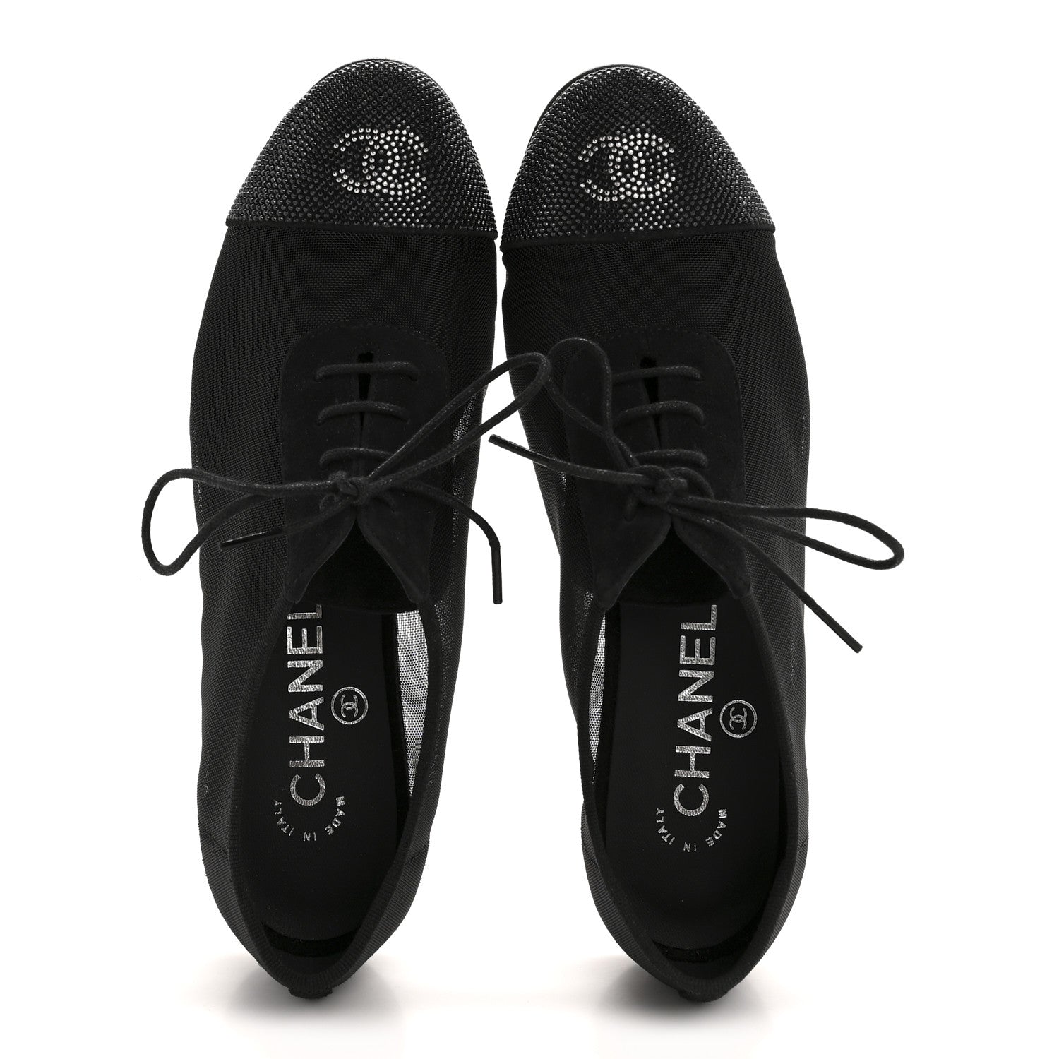 Chanel Calfskin Mesh Crystal Cap Toe CC Lace Up Oxford 35.5 Black 2 of 9