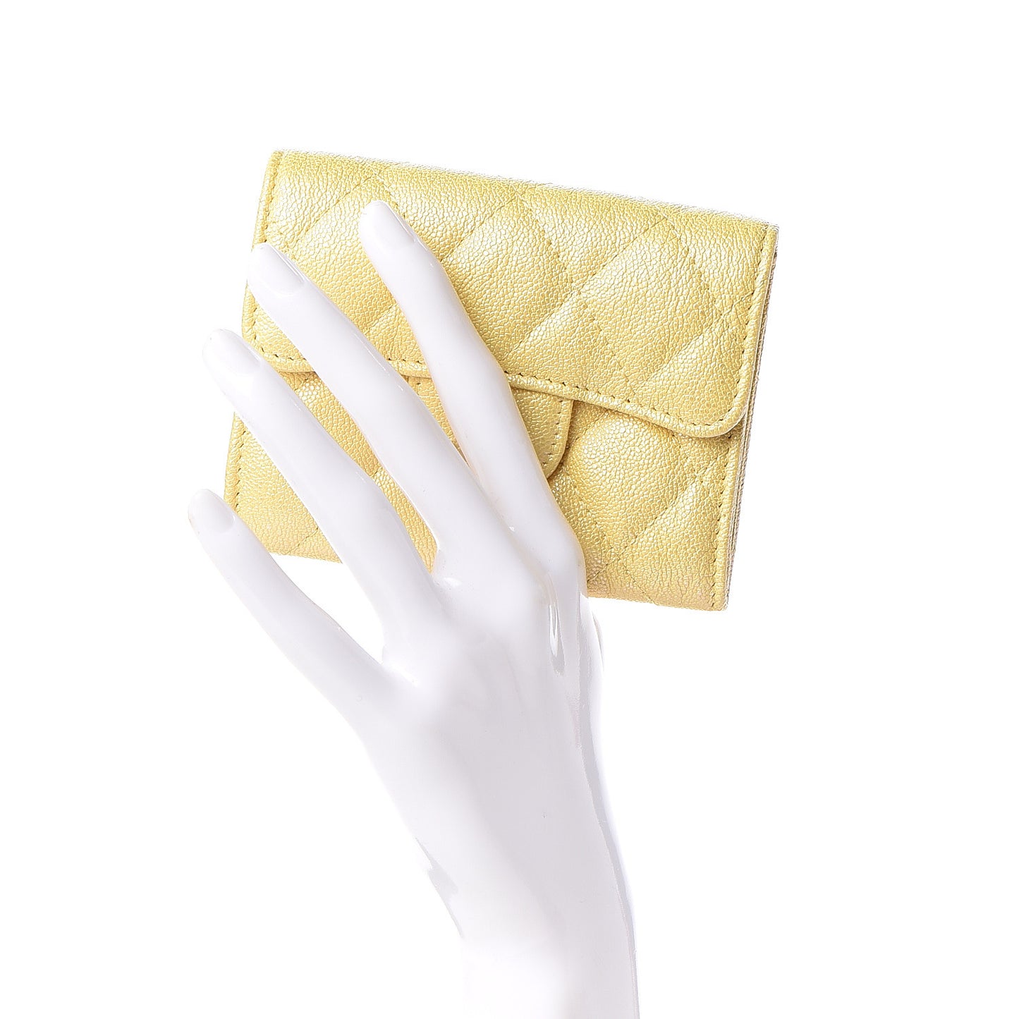Iridescent Caviar Quilted Flap Card Holder Wallet Yellow
