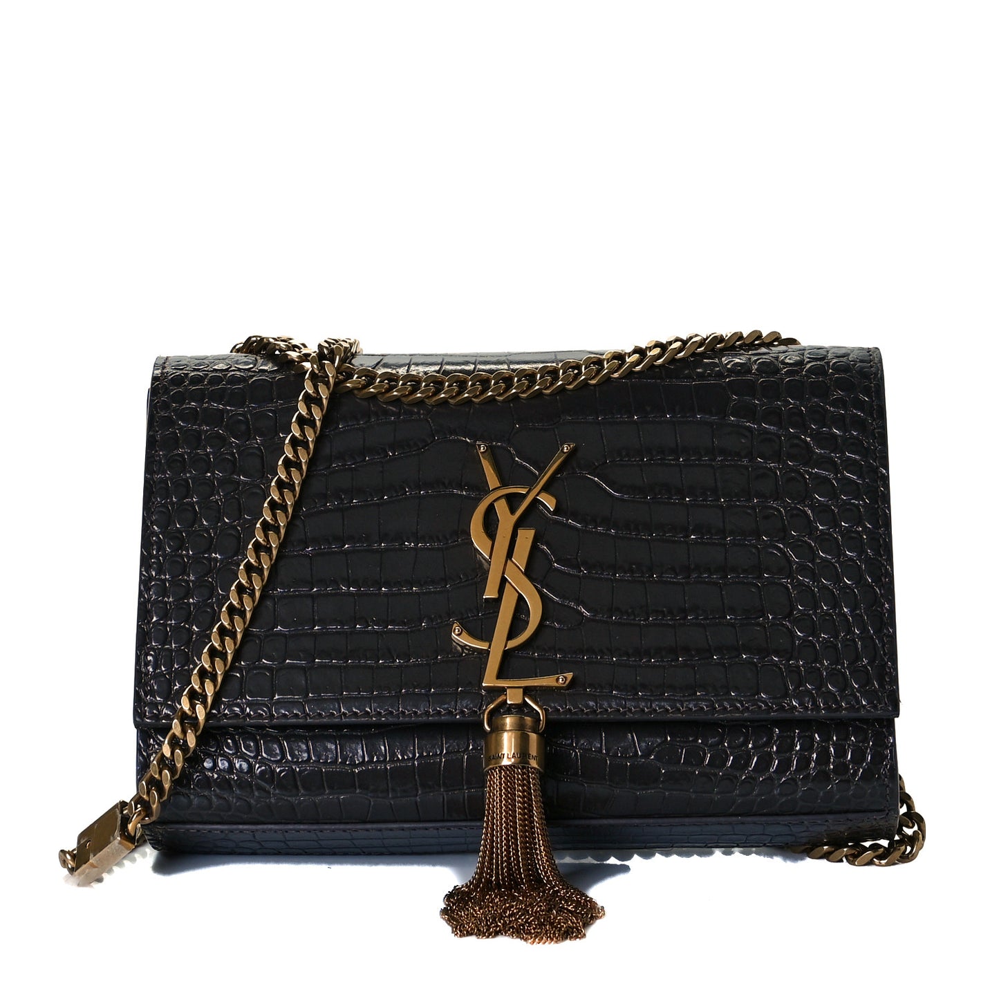 Calfskin Crocodile Embossed Small Classic Monogram Kate Tassel Satchel Pebble