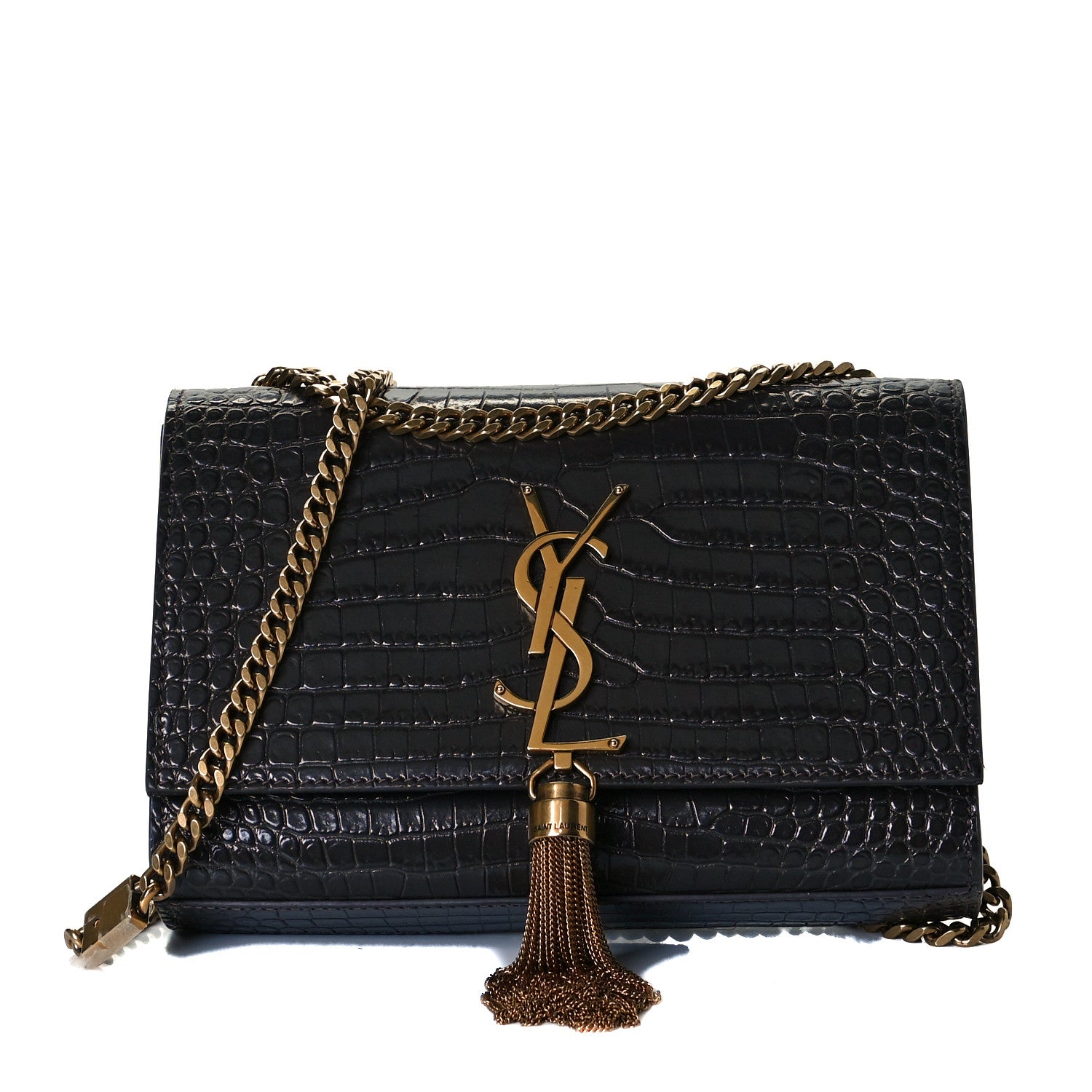 Saint Laurent Calfskin Crocodile Embossed Small Classic Monogram Kate Tassel Satchel Pebble 1 of 7