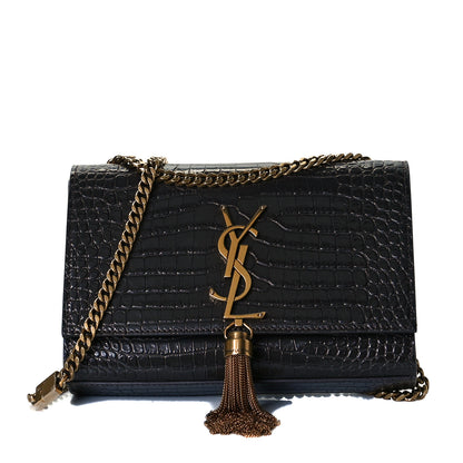 Saint Laurent Calfskin Crocodile Embossed Small Classic Monogram Kate Tassel Satchel Pebble 1 of 7