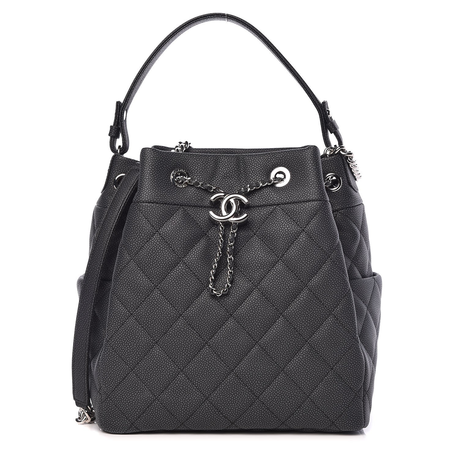 Chanel Grained Calfskin Quilted Medium CC Chain Bucket Drawstring Bag Grey 1 of 10