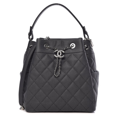 Chanel Grained Calfskin Quilted Medium CC Chain Bucket Drawstring Bag Grey 1 of 10